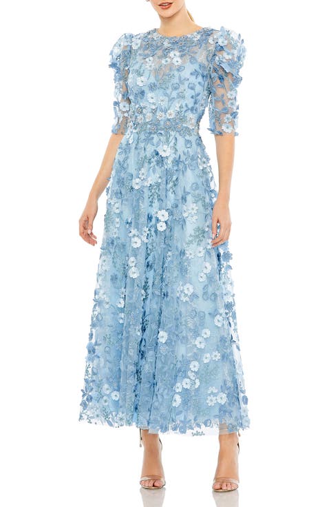 Applique High Neck Puff Sleeve A Line Dress