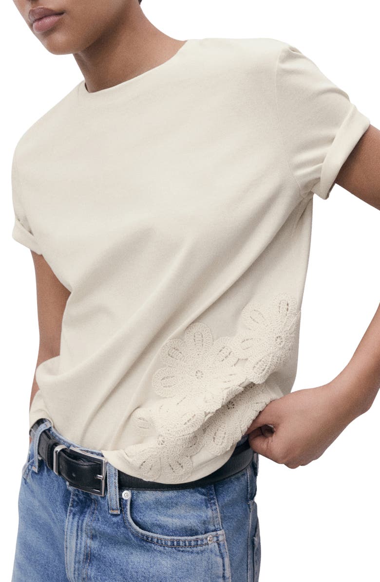 MANGO Floral Embroidered Cotton T-Shirt, Main, color, Ecru