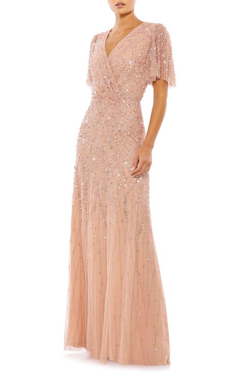 Women’s Embellished Flutter Sleeve Evening Gown