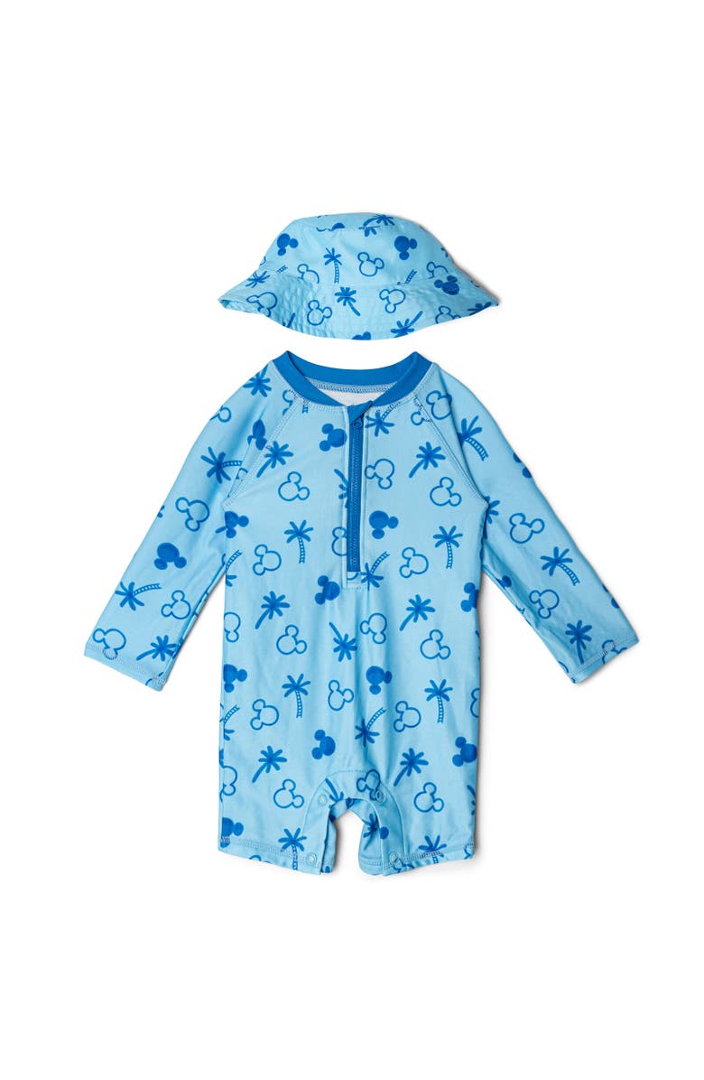 Disney Mickey Mouse Baby Boys' Swimwear One Piece Sunsuit and Hat Set, Main, color, Light Blue Mickey