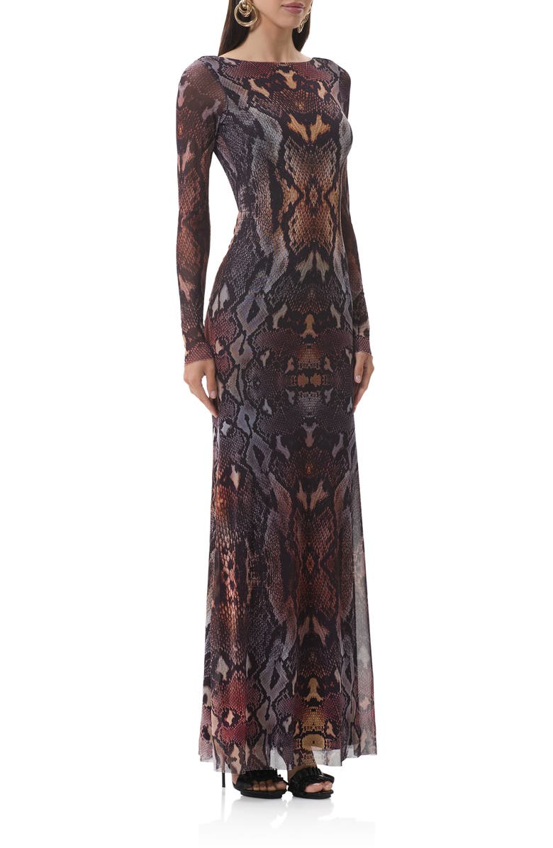AFRM Talmo Long Sleeve Open Back Mesh Dress, Alternate, color, Placed Umber Snake