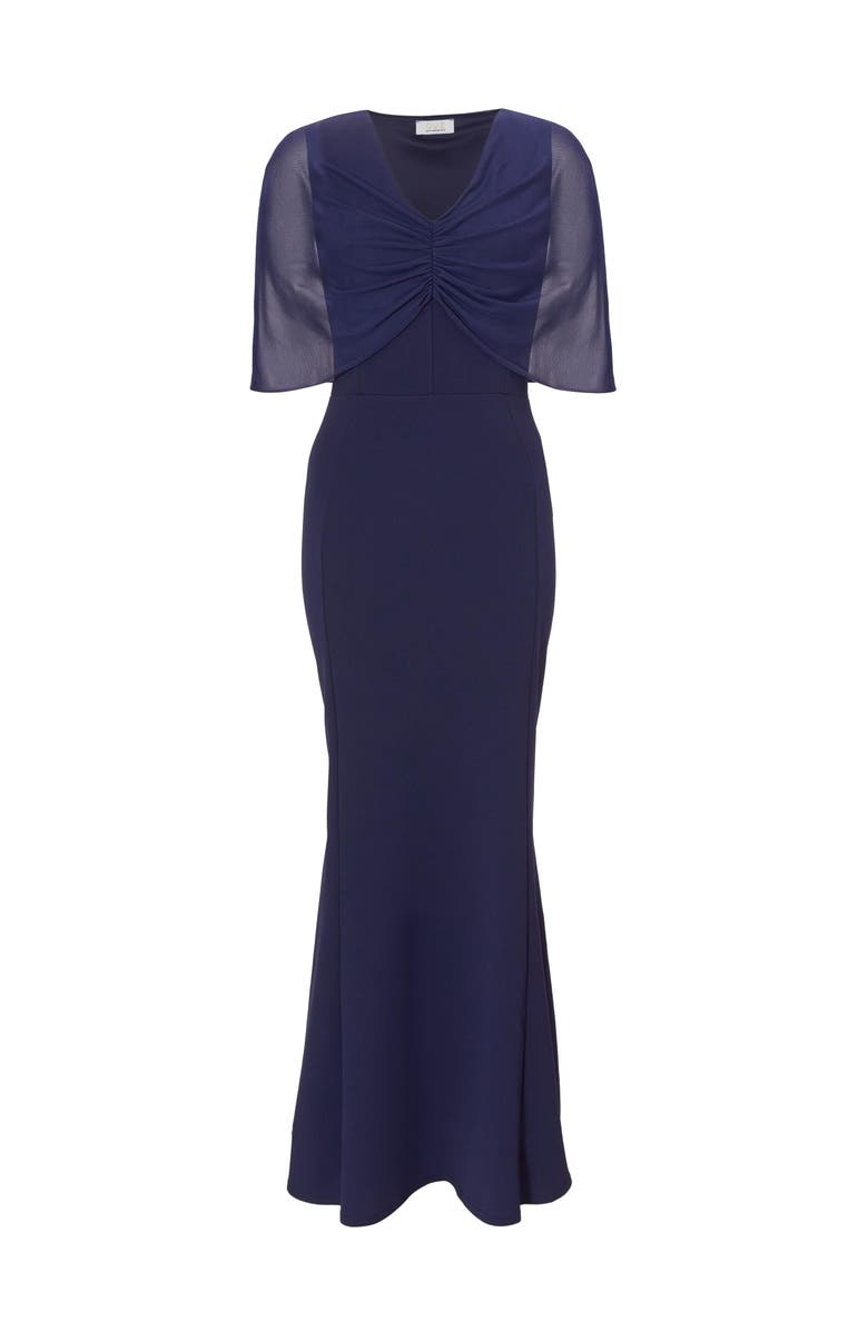 Scuba Crepe Maxi Dress with Mesh Cape