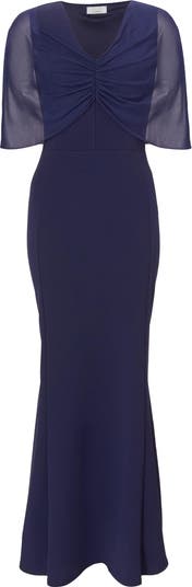 Scuba Crepe Maxi Dress with Mesh Cape