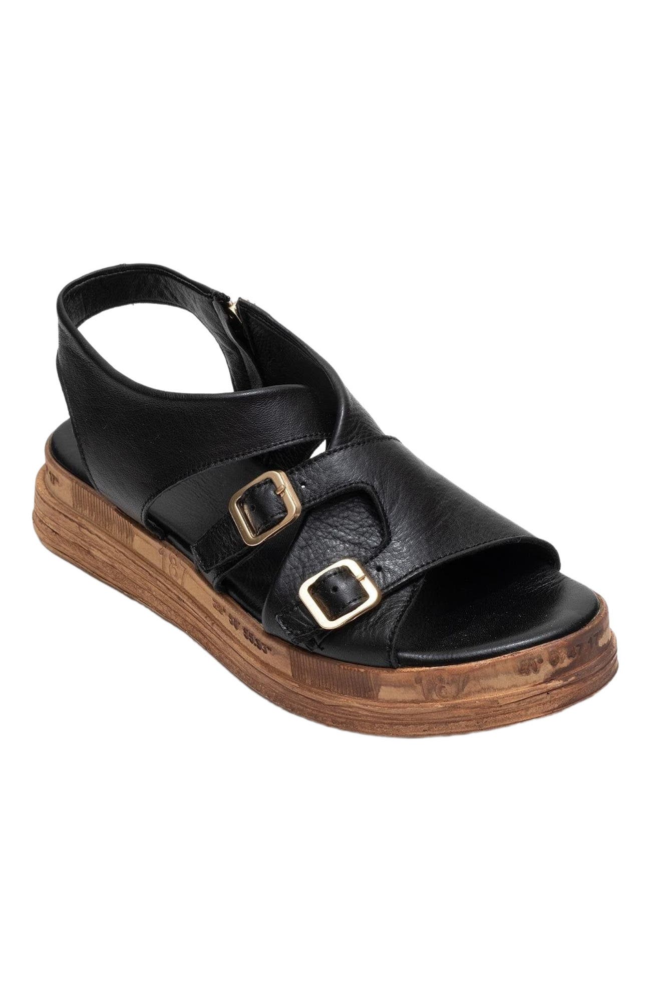 Forever 
Always Shoes Levine Leather Buckled Side-Zip Sandal, Alternate, color, Black Leather