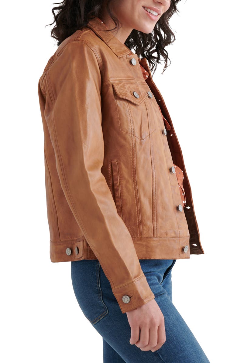 Lucky Brand Leather Trucker Jacket, Alternate, color, Cognac