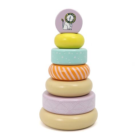 Wooden Stacking Toys, 6 Wooden Rings, 1 Lion Crown On Top