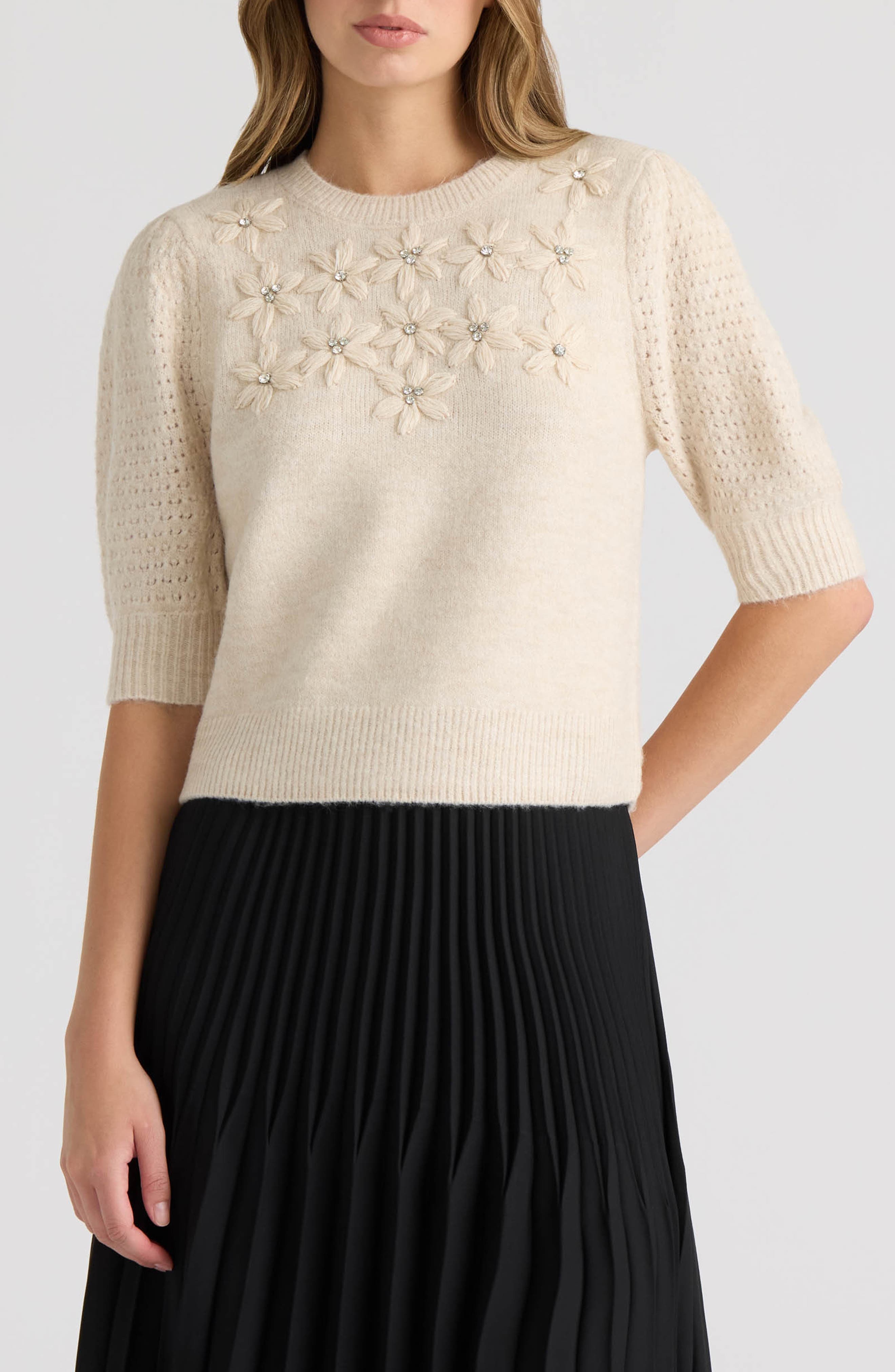 Embroidered Flower Puff Sleeve Sweater