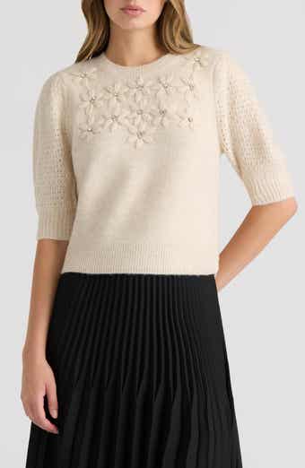 Embroidered Flower Puff Sleeve Sweater
