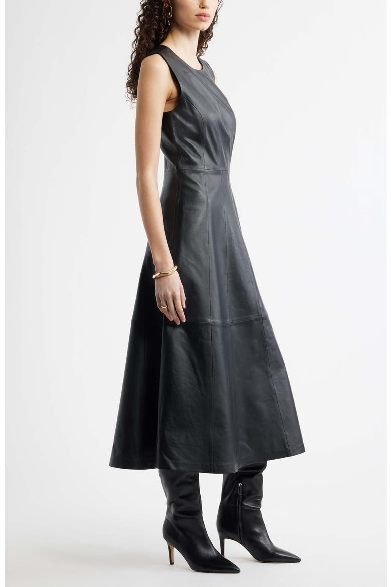 Seamed Leather Midi Dress, Alternate, color, BLACK