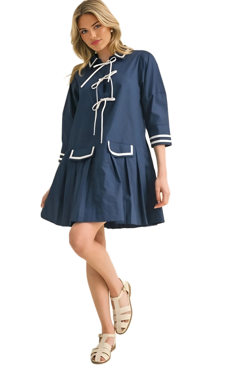 Knit and Lounge Pleated Contrast Trim Front Tie Mini Dress, Alternate, color, Navy