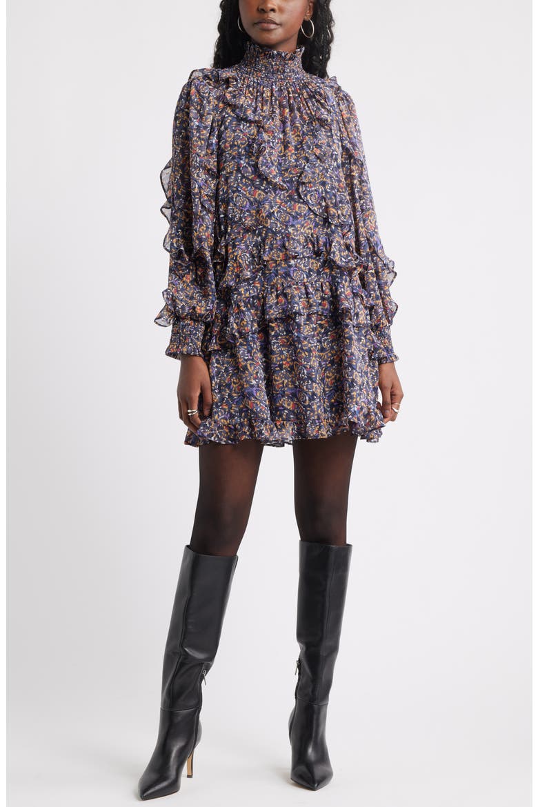 Metallic Mock Neck Long Sleeve Chiffon Minidress, Main, color, NAVY BUTTERFLY ABSTRACT