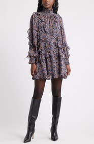 Treasure & Bond Metallic Mock Neck Long Sleeve Chiffon Minidress