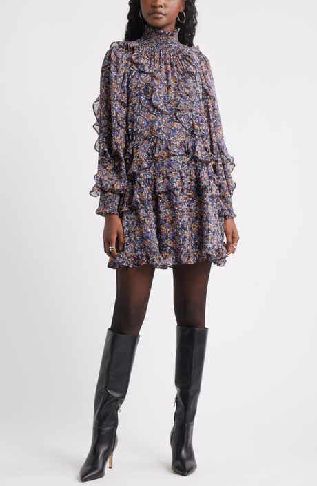 Treasure & Bond Metallic Mock Neck Long Sleeve Chiffon Minidress