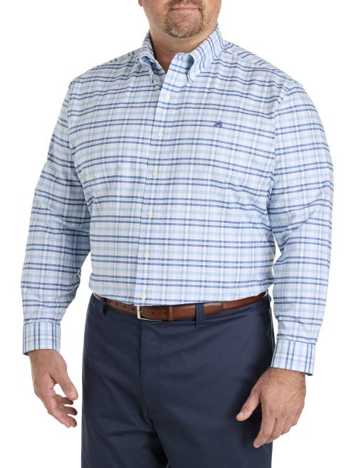 B+t Essentials Fit By Dxl Big & Tall Non-iron Plaid Oxford Sport Shirt In Hydrangea Navy