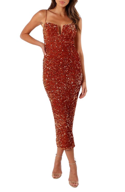 Kailee Sequin Plunge Neck Cocktail Midi Dress