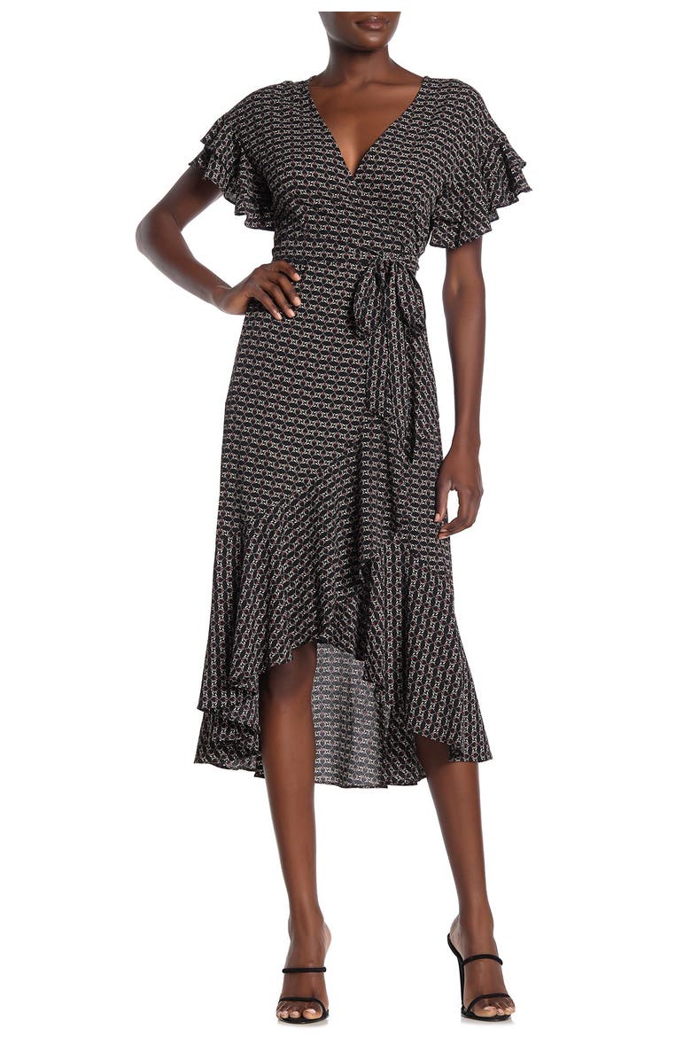 MAX STUDIO Ruffle Crepe High/Low Wrap Midi Dress, Main, color, 