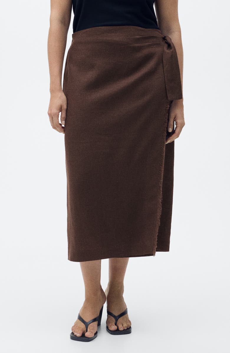 MANGO Side Tie Linen Wrap Skirt, Alternate, color, Chocolate