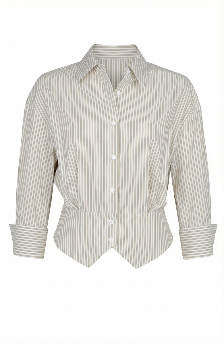 Modenaire Striped Button Down Tailored Waist Shirt, Alternate, color, Beige / White Stripe