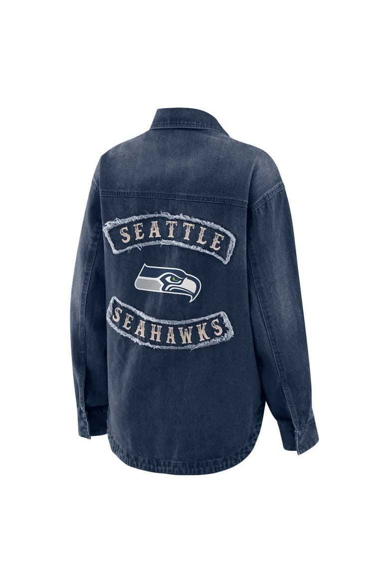 Women's WEAR by Erin Andrews Denim Seattle Seahawks Washed Oversized Denim Full-Snap Shacket, Alternate, color, Denim
