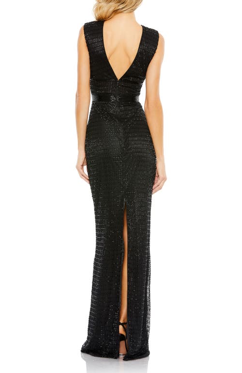Mac Duggal Beaded Cap Sleeve V Neck Column Gown In Black