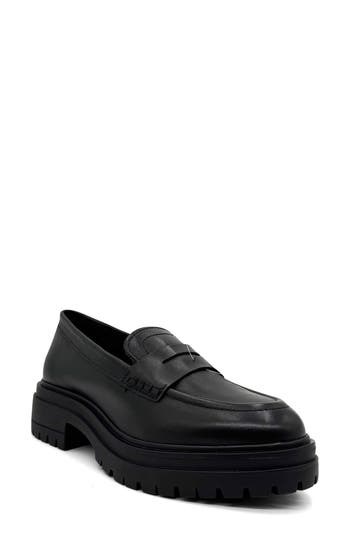 CHELSEA CREW Giana Lug Sole Penny Loafer in Black Leather at Nordstrom Rack, Size 6