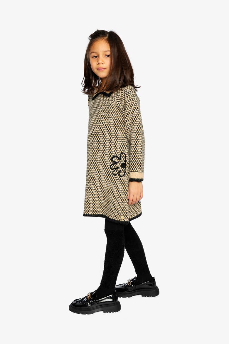 Knit Collar Honeycomb Floral Embroidery Dress, Alternate, color, Beige and Black