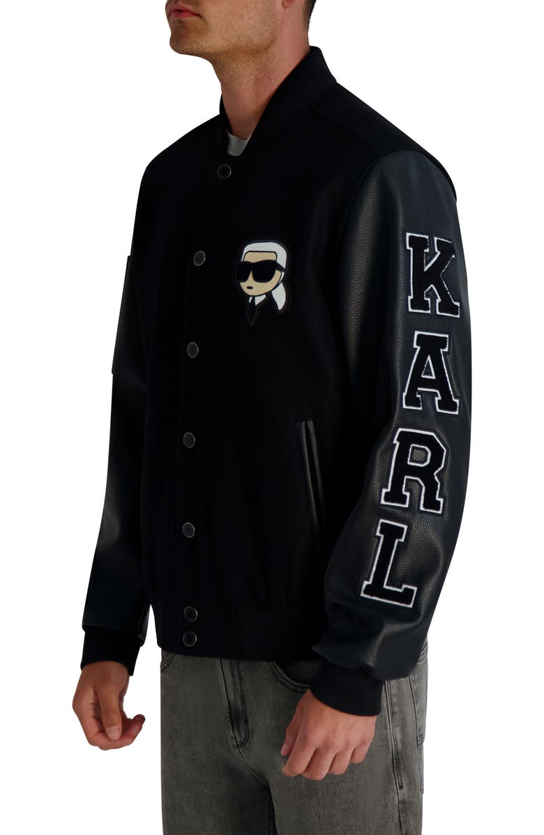 KARL LAGERFELD PARIS Karl Faux Leather Sleeve Varsity Bomber Jacket, Alternate, color, Black
