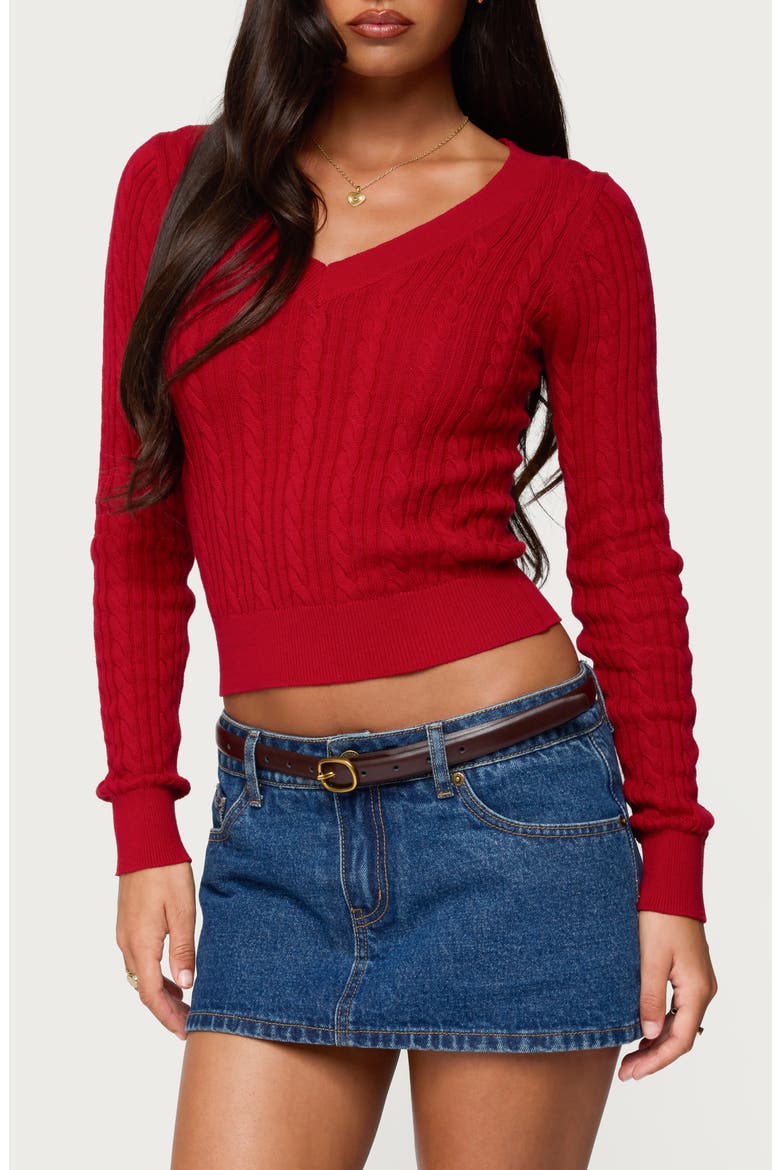 Ashlee V-Neck Cable Knit Sweater, Main, color, RED