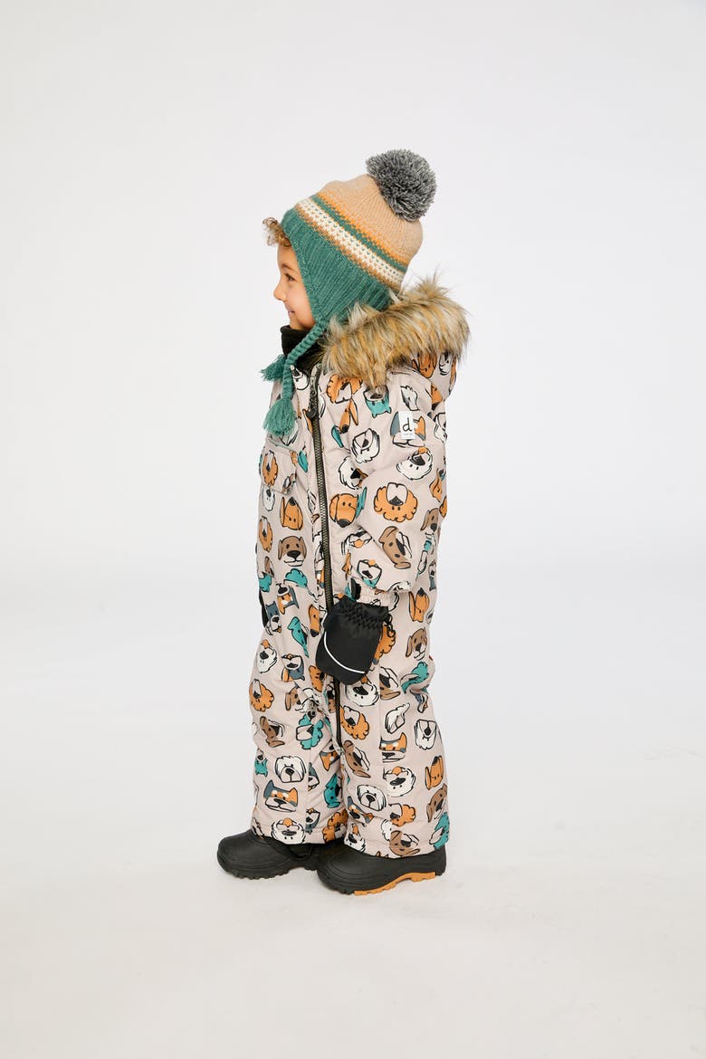 Play Dog Faux Fur Hood Car Seat One Piece Snowsuit, Alternate, color, Beige Printed with Dogs
