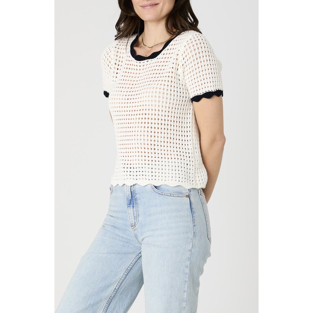 French Connection Scalloped Short Sleeve Cotton Sweater In Classic Cream/navy