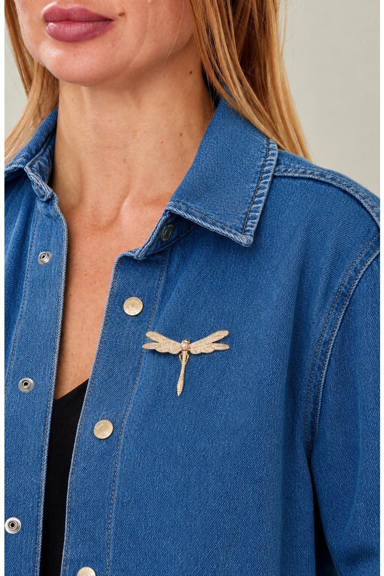 Cubic Zirconia & Imitation Pearl Dragonfly Brooch, Alternate, color, YELLOW