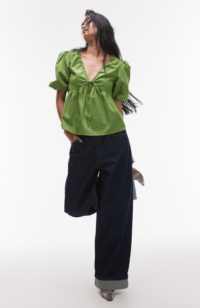 Topshop Poplin Puff Sleeve Top, Alternate, color, Medium Green