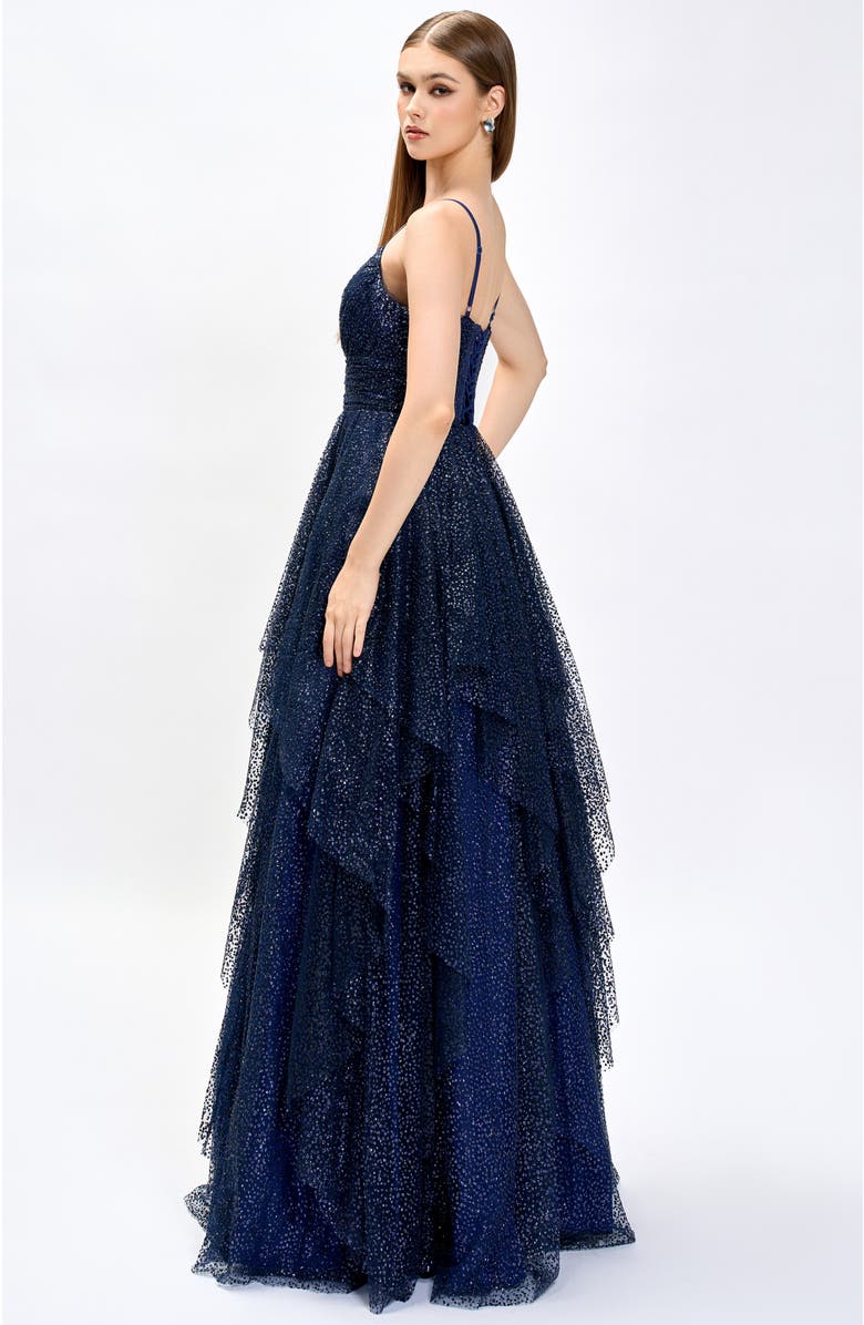 Bariano Brylee Glitter Ball Gown, Alternate, color, Navy