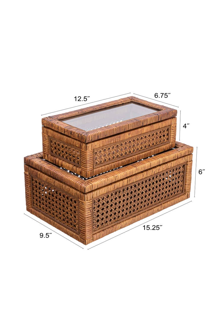 Modern Decorative Rectangle Woven Rattan and Wood Display Boxes with Glass Top, Alternate, color, Brown