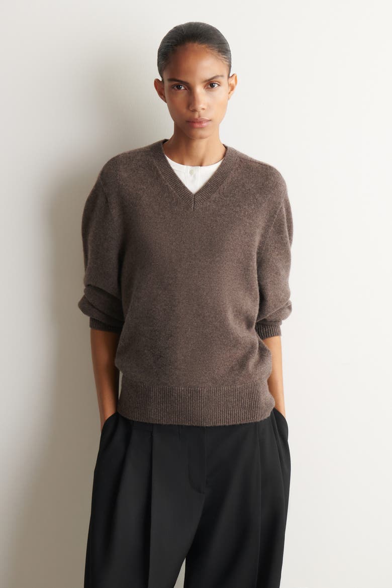 Sculpted Pure Cashmere V-neck Sweater, Main, color, BROWN MÉLANGE