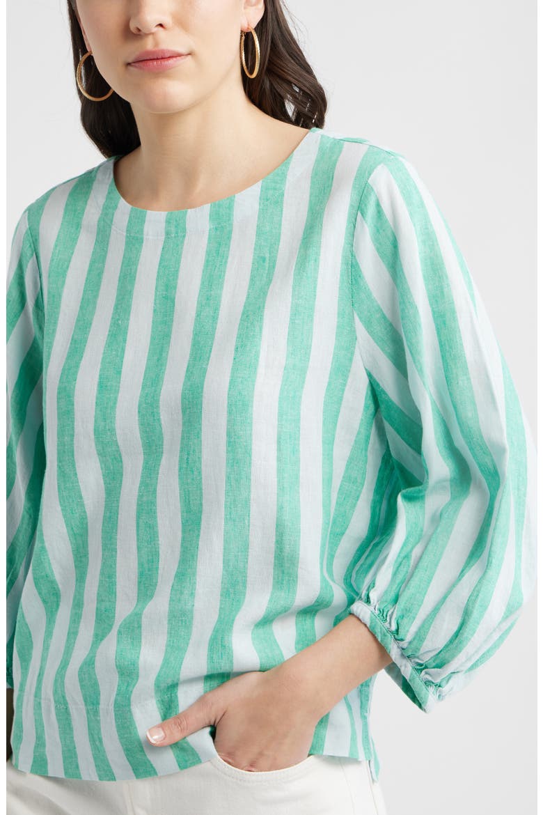 Balloon Sleeve Linen Blend Top, Alternate, color, BLUE- GREEN CABANA STRIPE