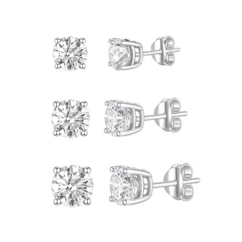Set Of 3 Sterling Silver Round Stud Earrings