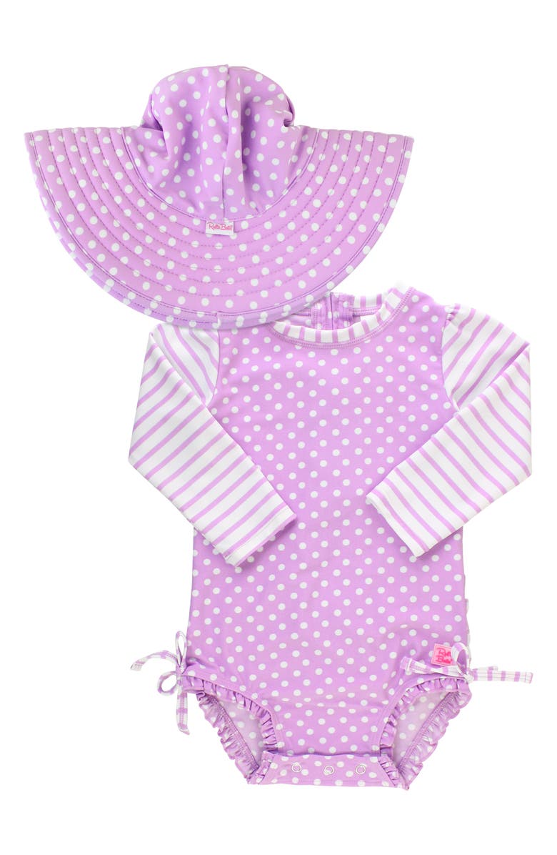 RuffleButts Polka Dot One-Piece Rashguard Swimsuit & Sun Hat Set, Main, color,