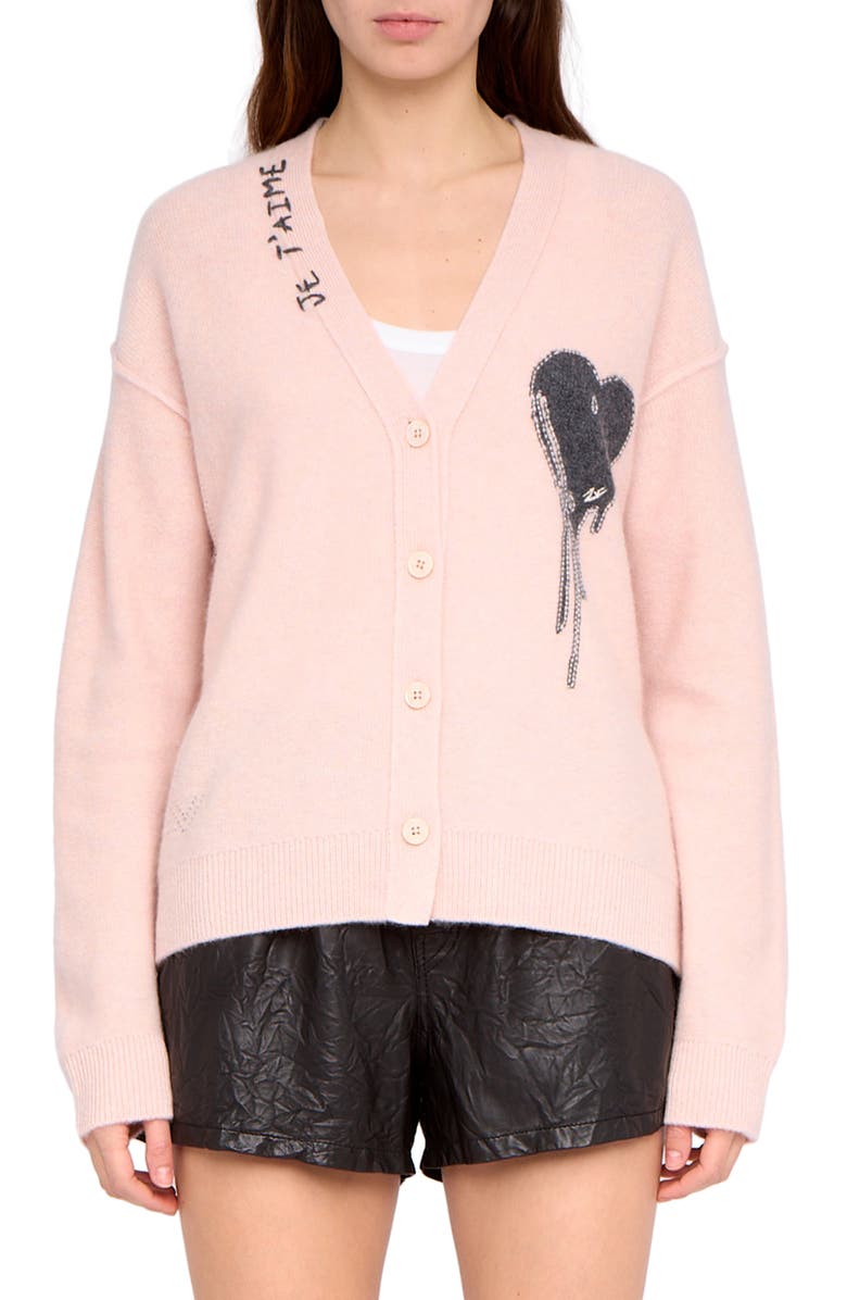Zadig & Voltaire Mikyz Heart Appliqué Cashmere V-Neck Cardigan, Main, color, Pearly