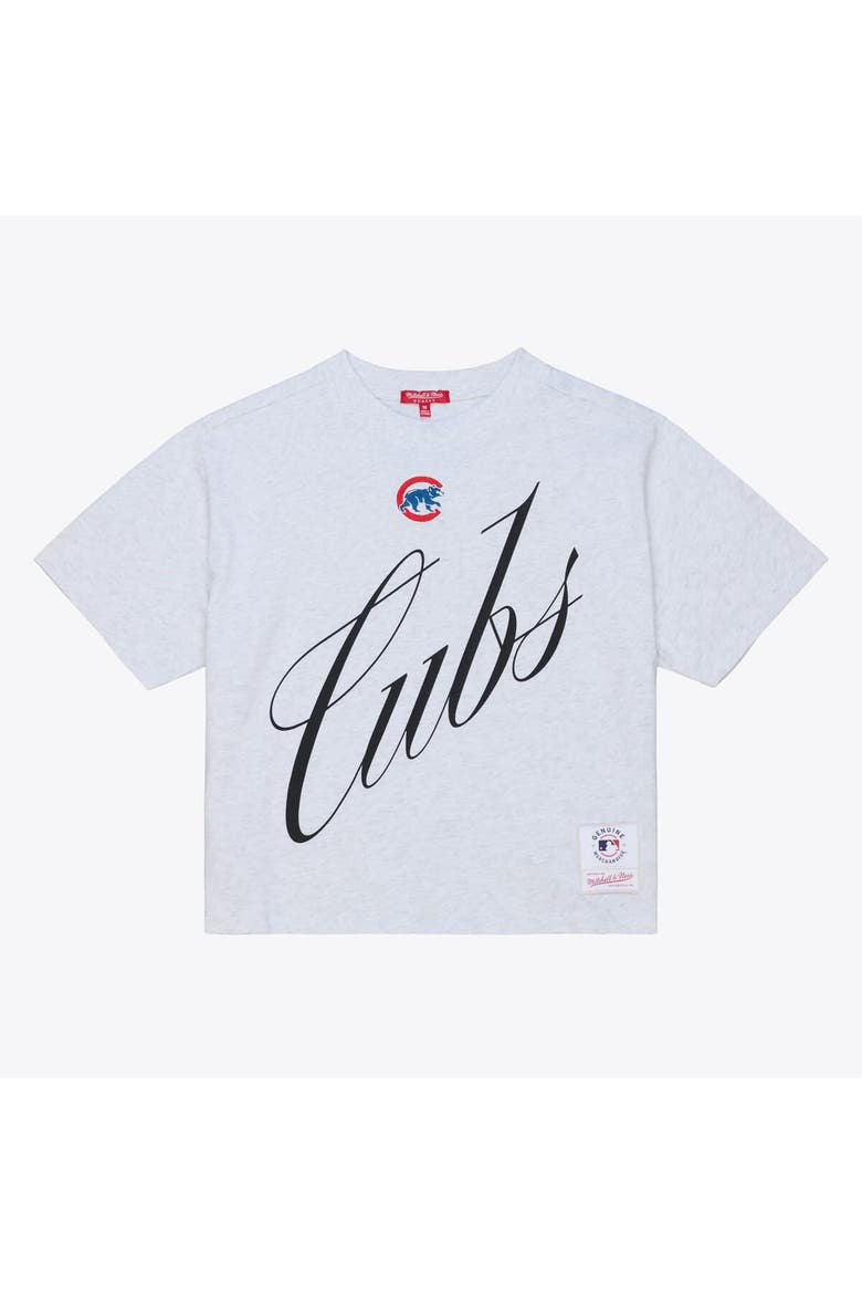 Women's Mitchell & Ness  Heather Gray Chicago Cubs Script Cropped Boxy T-Shirt, Main, color, Heather Gray