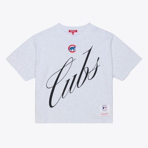 Women's Mitchell & Ness  Heather Gray Chicago Cubs Script Cropped Boxy T-Shirt