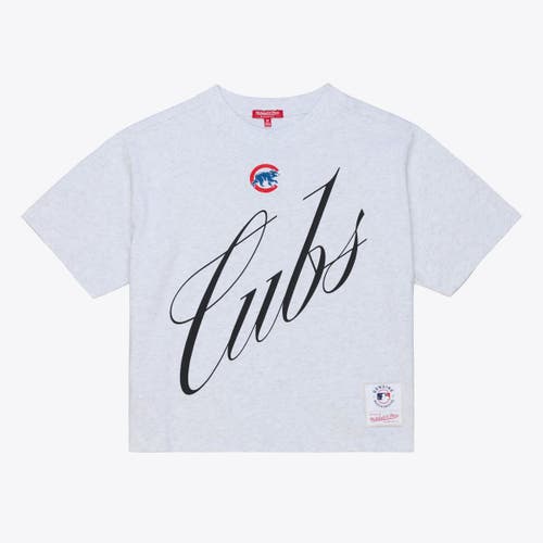 Mitchell & Ness Heather Gray Chicago Cubs Script Cropped Boxy T-shirt In White