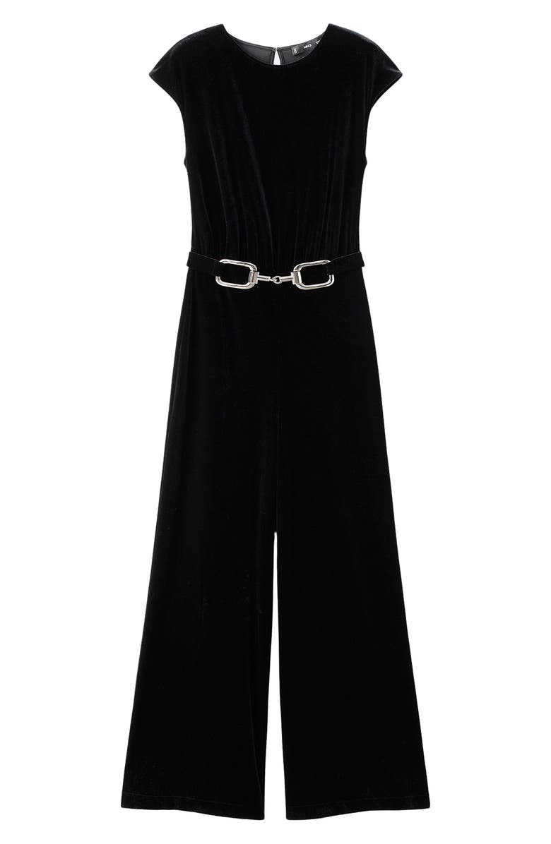 MANGO Belted Velvet Jumpsuit, Main, color, Black