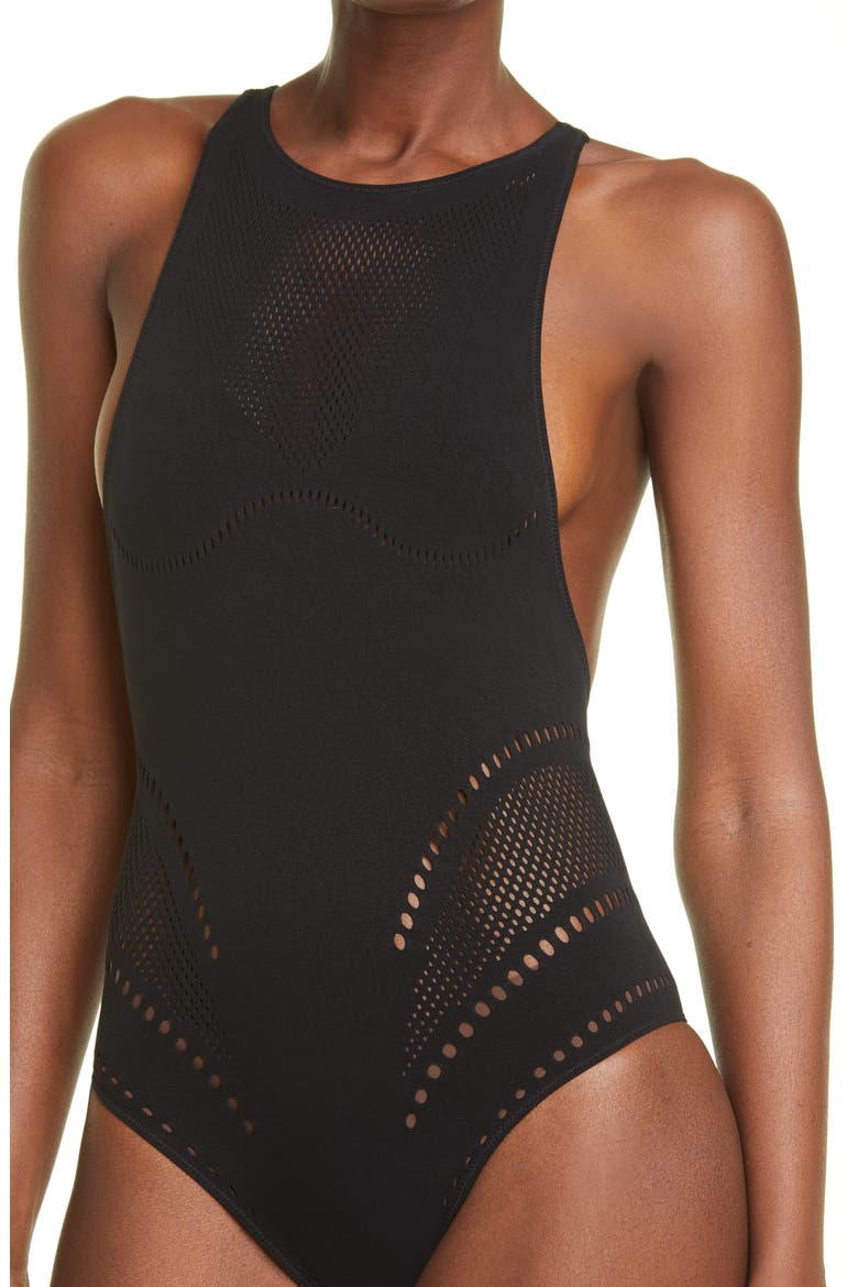 Stellawear Perforated One-Piece Swimsuit, Alternate, color, BLACK