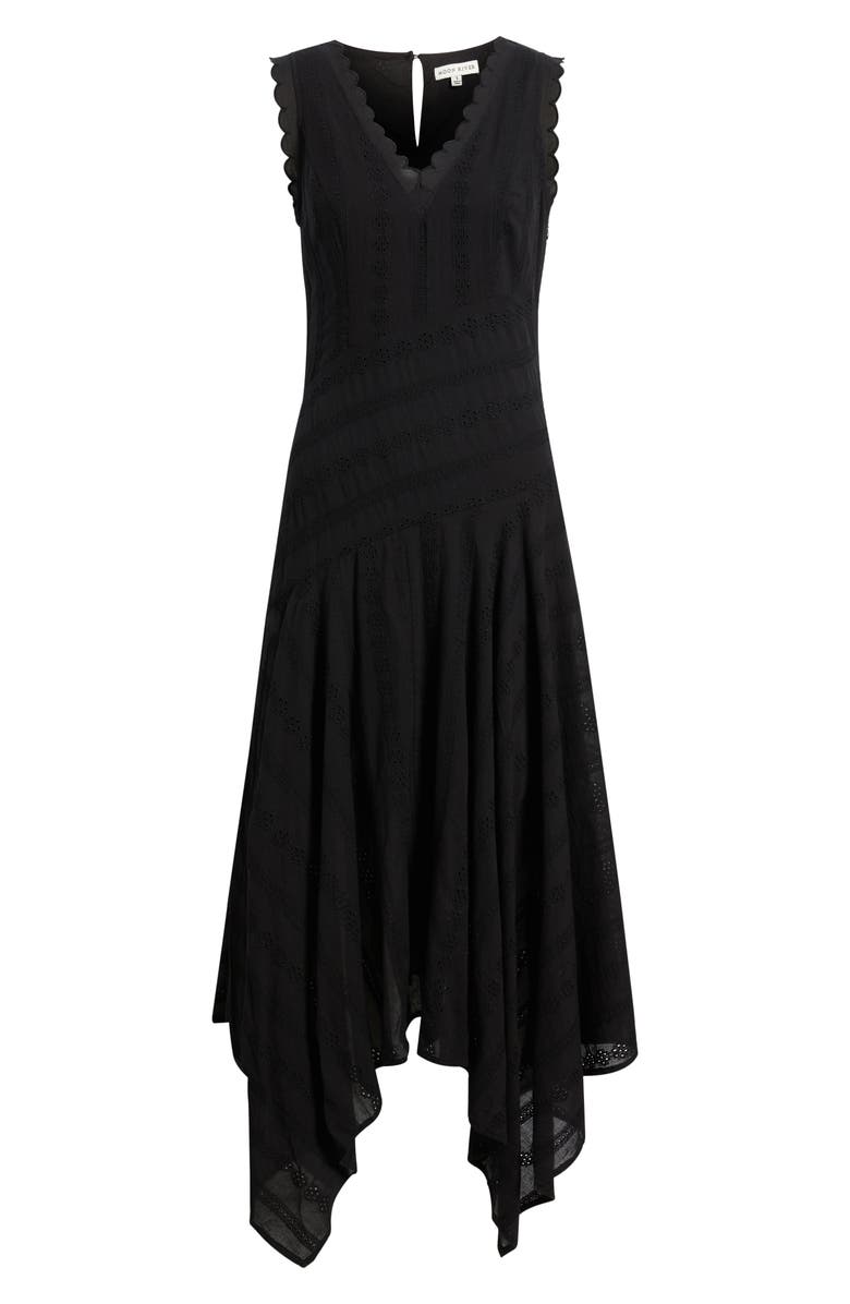 MOON RIVER Eyelet Asymmetric Cotton Midi Dress, Alternate, color, Black