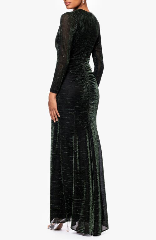 Betsy & Adam Metallic Long Sleeve Ruched Gown In Black/green