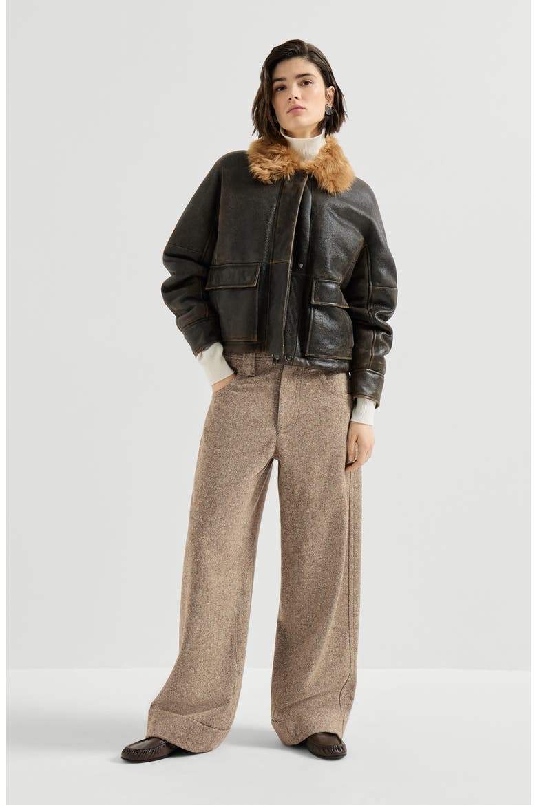 Vintage-effect shearling aviator jacket with monili, Alternate, color, Vintage Brown