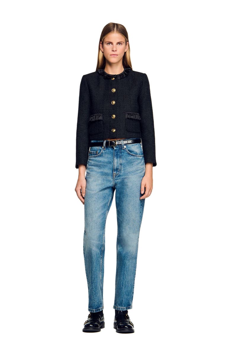 SANDRO Ruffled tweed jacket, Alternate, color, Black