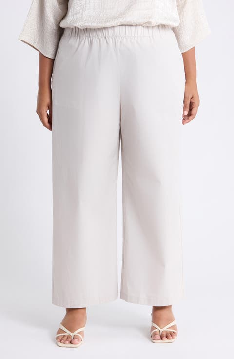 Stretch Cotton Poplin Wide Leg Ankle Pants