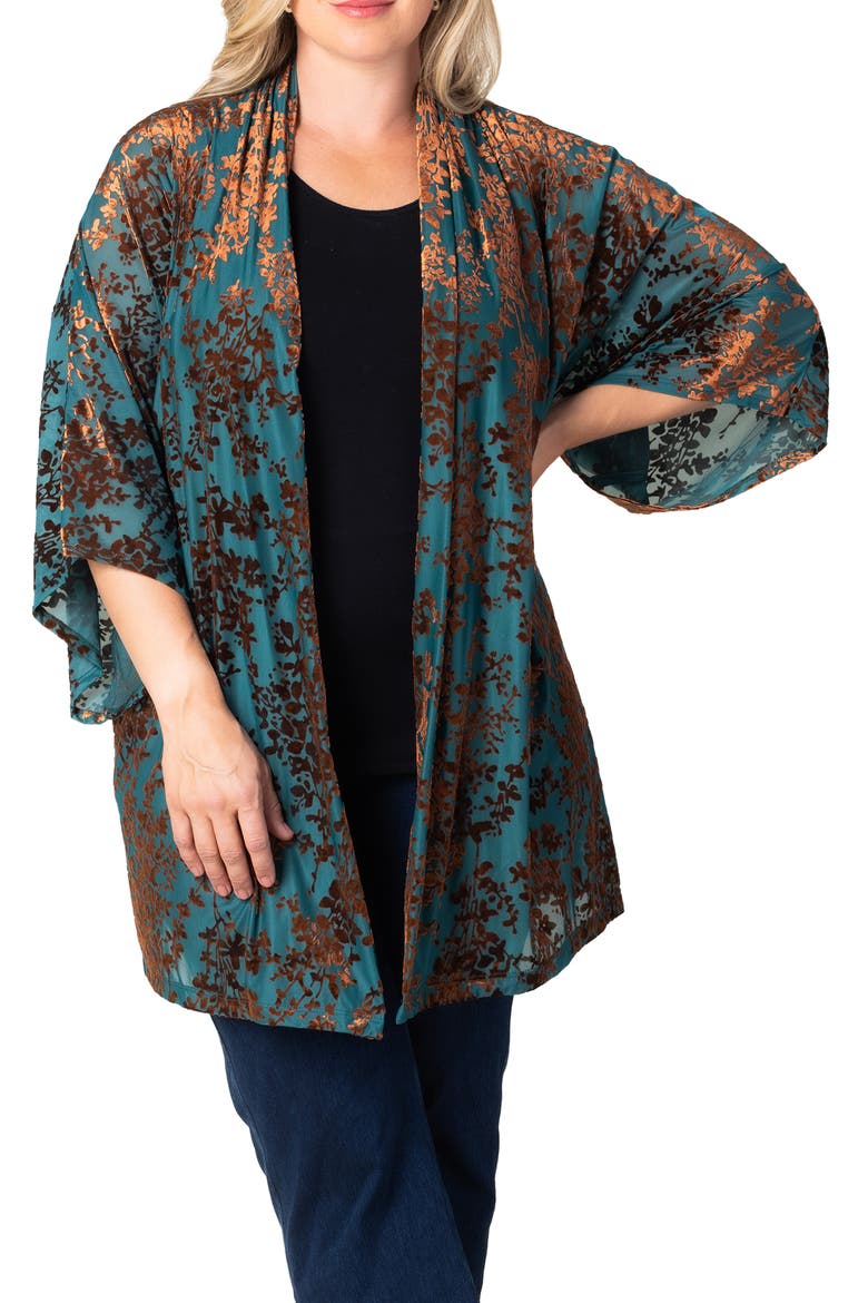 Dahlia Burnout Velvet Cardigan, Alternate, color, TEAL BURNISHED BRANCHES